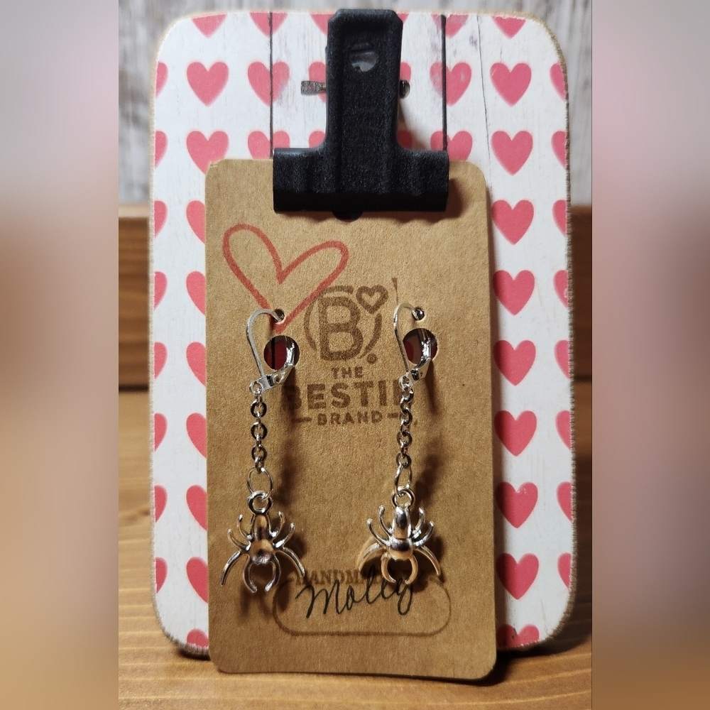 Handmade Silver in Color Dangle Chain Web Drop Spider Leverback Clasp Earrings